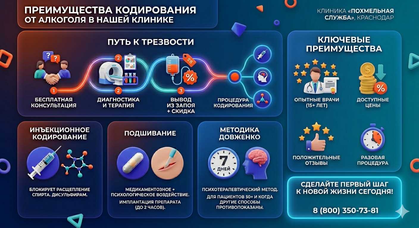 Инфографика о методах кодирования от алкоголя в Пестово: инъекции, подшивание, метод Довженко. Преимущества клиники и этапы лечения.